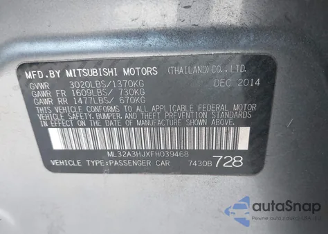 2015 Mitsubishi Mirage De z USA, uszkodzony, nr VIN ML32A3HJXFH039468